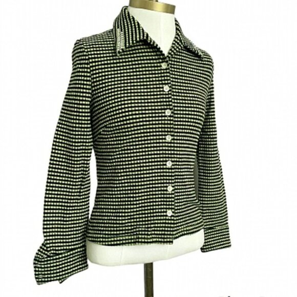 Vintage 90s Green Black Gingham Check Long Sleeve Knit Button Shirt Top - S - Picture 1 of 9